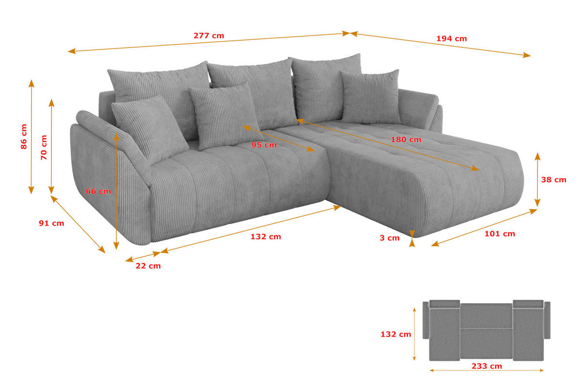 ROHOVÁ SEDAČKA s funkcí spaní, otoman vpravo TOKO-L 277x194x86 šedá manšestr - šedá/černá, kompozitní dřevo/textil (277/194cm) - ALTDECOR