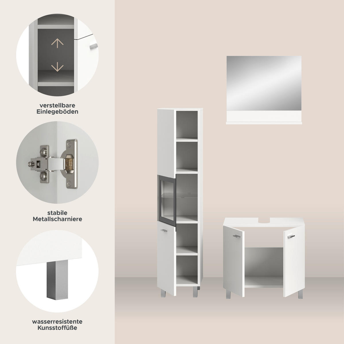 BADKOMBINATION 3tlg. Boston/Tampa Bad in weiß Nachbildung und schwarz B/H/T: 102x186x33 cm - Weiß, Holzwerkstoff (102/186/33cm)