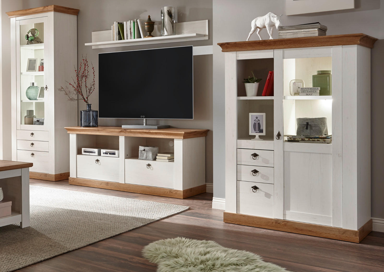WOHNWAND Pinie weiß, Eiche Wotan 4-teilig 356 cm, Wohnkombination im Landhaus-Stil - Silberfarben/Eiche Wotan, Glas/Holzwerkstoff (356/204/52cm) - Furn.Design