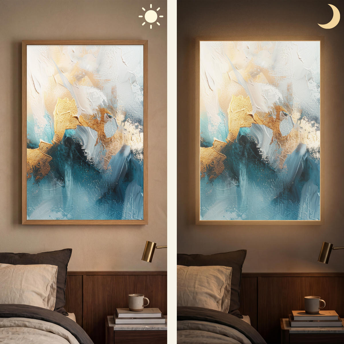 NÁSTĚNNÁ LAMPA S AKUMULÁTOREM Abstraktní - umění - zlatá - modrá 60x90 cm - tyrkysová, kompozitní dřevo (60/90/8cm) - OnlyWow