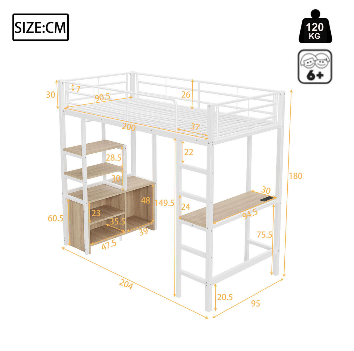 HOCHBETT aus Metall 90x200 cm in Weiß mit Schreibtisch, Steckdose & USB - Weiß, Metall (90/200cm) - Modfu