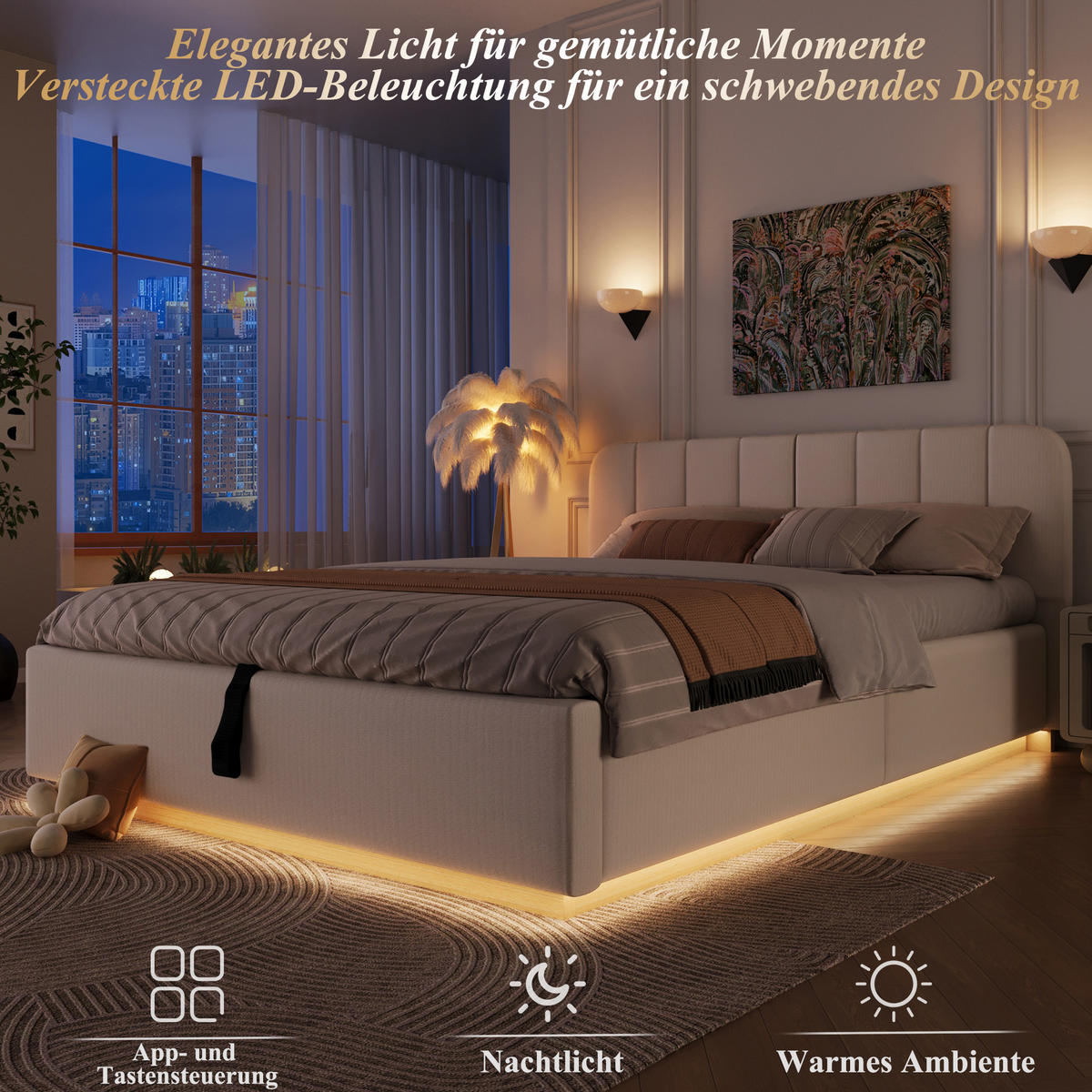 POLSTERBETT 140x200cm Lattenrost Hydraulik LED Chenille Beige - Beige, Holzwerkstoff (140/200cm) - FLIEKS