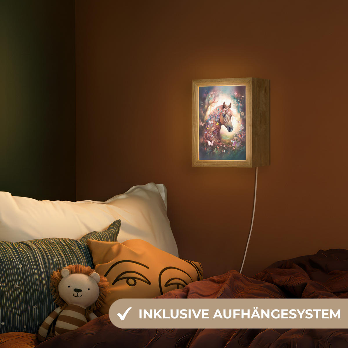 NACHTTISCHLAMPE Pferd - Natur - Blumen - Schmetterlinge - Wald 15x20 cm - Dunkelbraun, Holzwerkstoff (8/15/20cm)