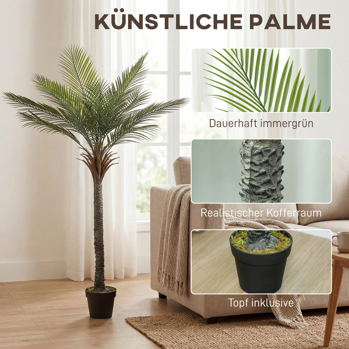 KUNSTPALME PE PP Zement Grün Braun - Schwarz/Braun, Kunststoff (180cm) - HOMCOM