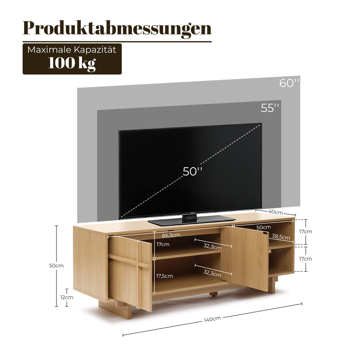 TV-SCHRANK im modernen skandinavischen Stil, TV-Lowboard mit 2 Türen & 2 Ablagen,Holzoptik | B140 x T40 x H50 cm - Braun, Holzwerkstoff (140/50/40cm) - Hometopia
