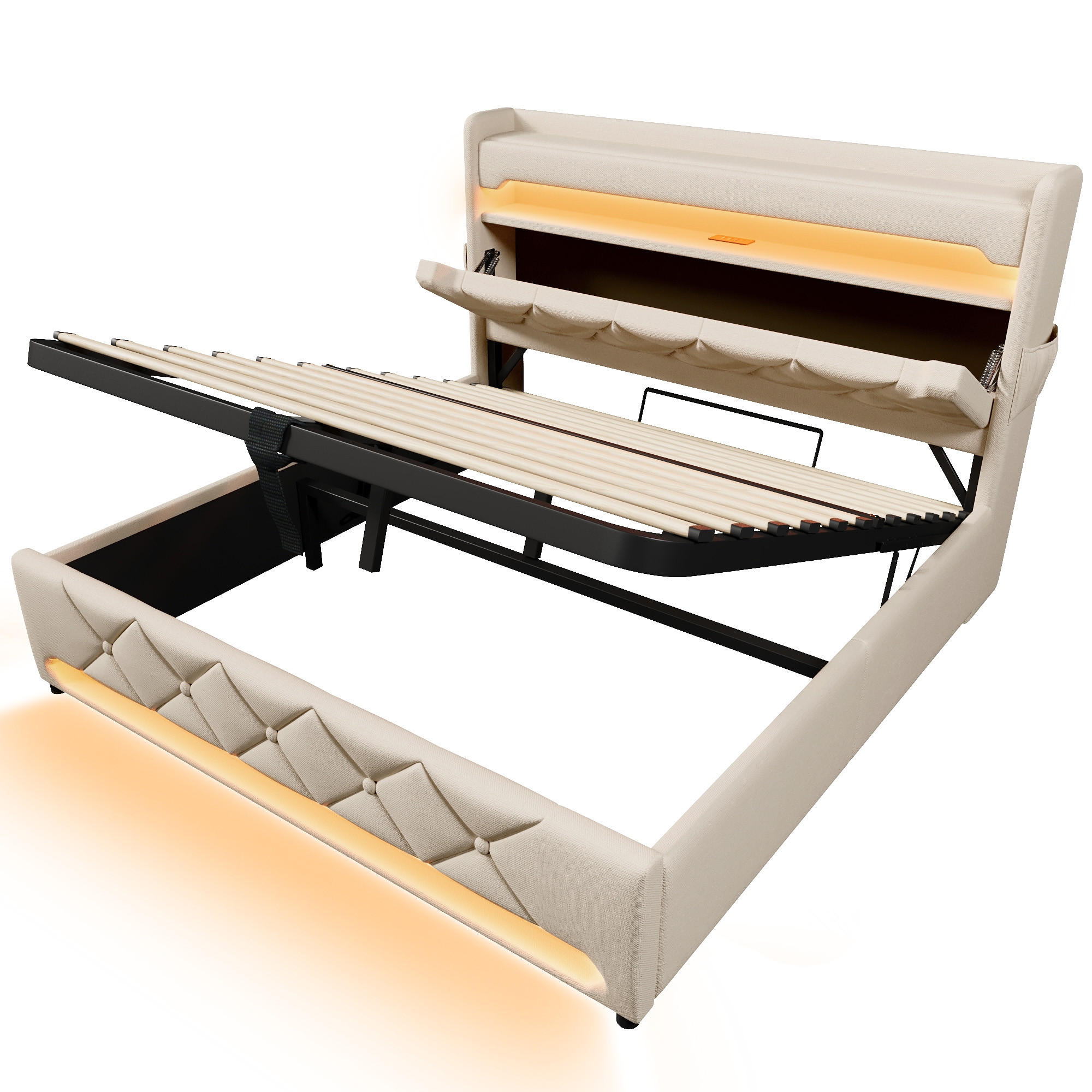 POLSTERBETT 160/200 cm Beige mit Stauraum-Kopfteil und 360°-LED-Rundumbeleuchtung (Ohne Matratze) - Beige, Textil (160/200cm) - Oxeza