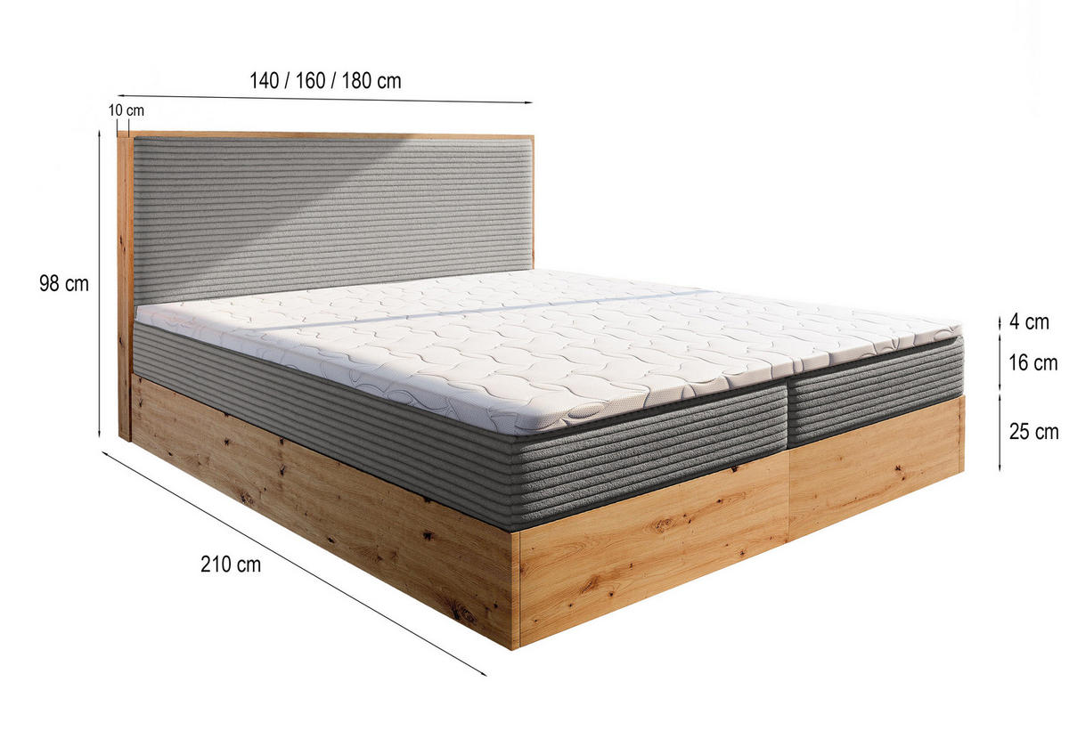 BOXBETT VERDON 140x200 cm mit Matratze und Topper - Braun - Braun, Holz (140/200cm) - MASSENO