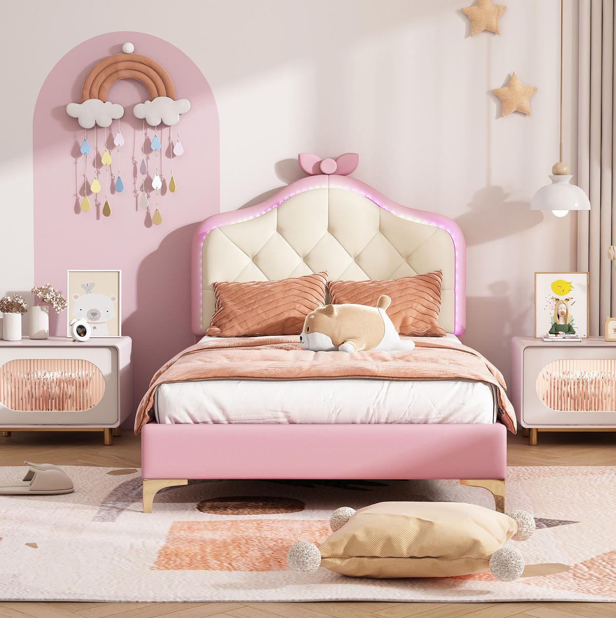 POLSTERBETT 90/200 cm aus PU mit LED-Lichtleiste Rosa/Weiß - Weiß, Kunststoff (90/200cm) - Modenvie
