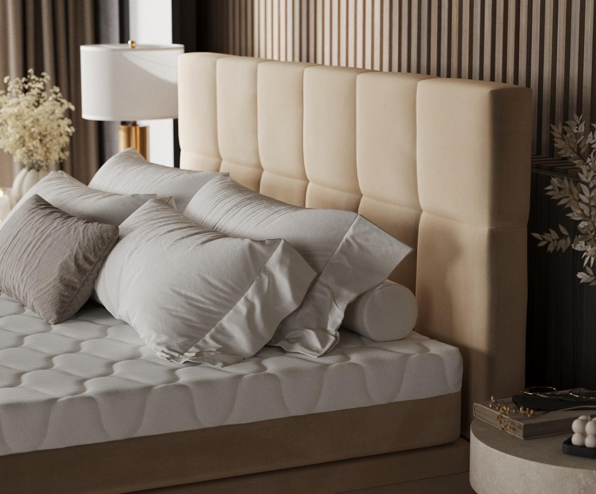 BOXBETT Elano 160/200 cm Beige im Kronos Stoff - Beige/Schwarz, Holz/Holzwerkstoff (160/200cm) - AltaBeds