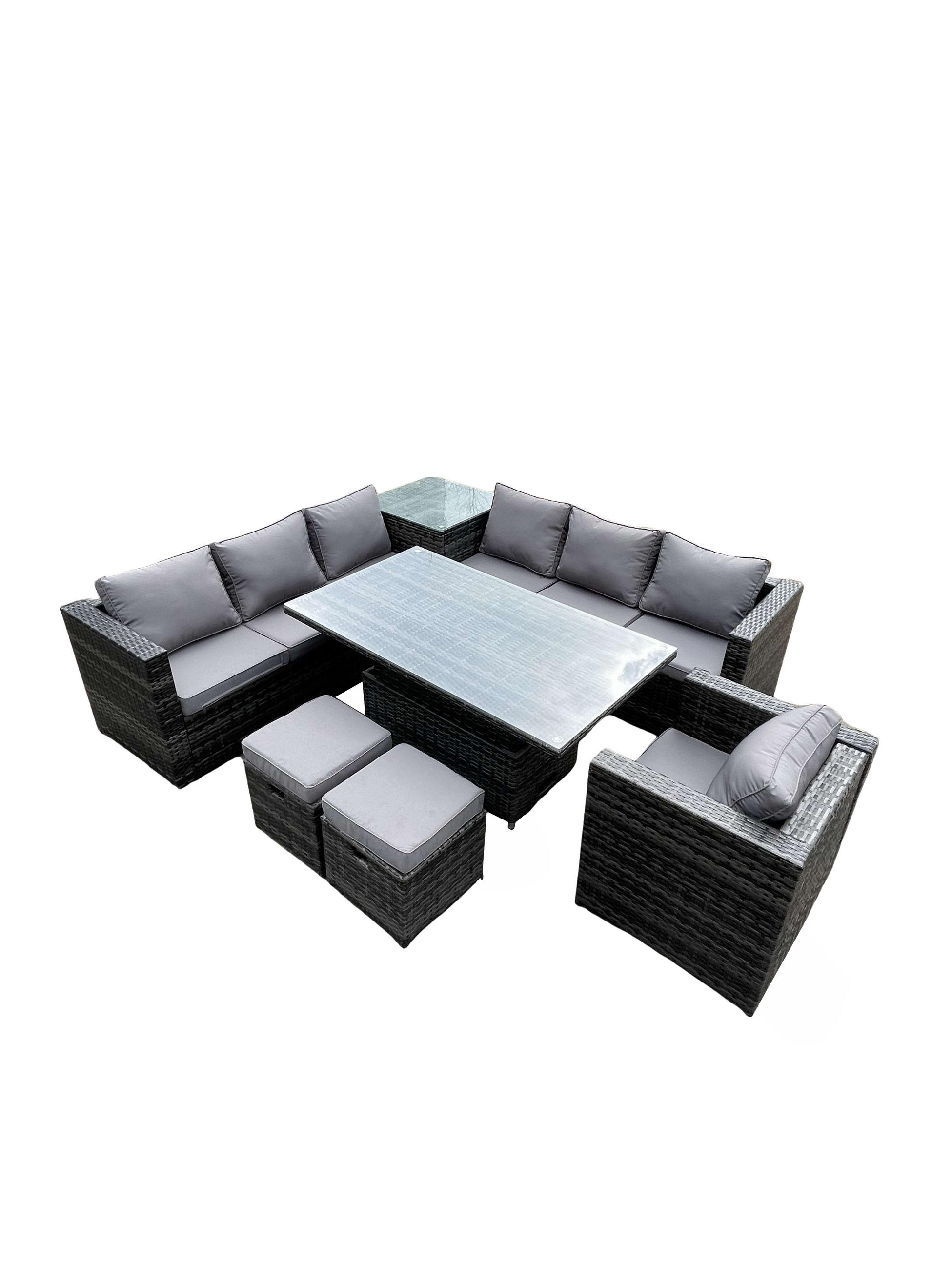 GARTENMÖBEL-SET HÖHENVERSTELLBARER ESSTISCH 3 SITZER SOFA HOCKER Polyrattan Outdoor 9-Sitzer - Dunkelgrau/Grau, Glas/Kunststoff - Fimous