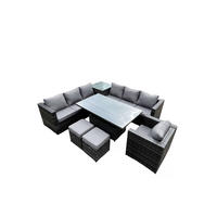 GARTENMÖBEL-SET HÖHENVERSTELLBARER ESSTISCH 3 SITZER SOFA HOCKER Polyrattan Outdoor 9-Sitzer - Dunkelgrau/Grau, Glas/Kunststoff - Fimous