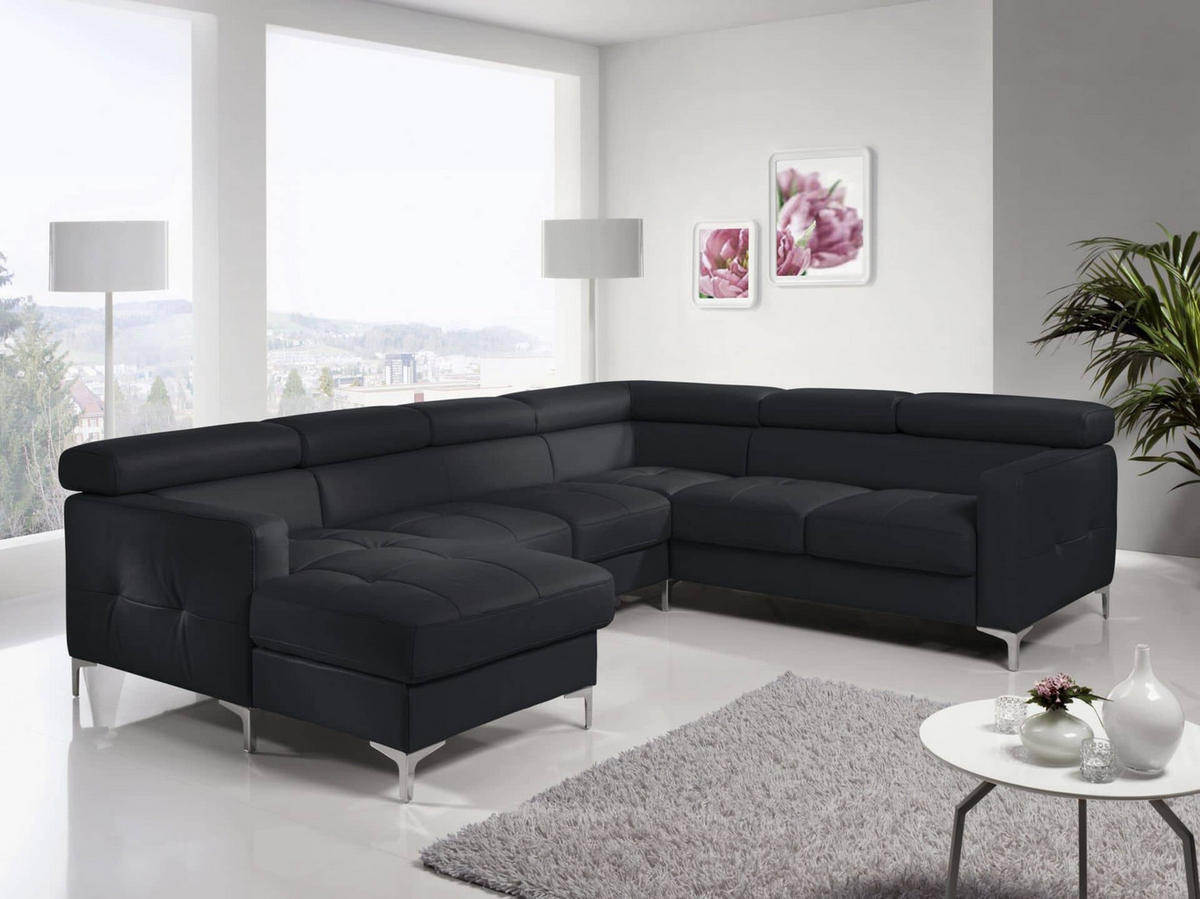 WOHNLANDSCHAFT aus Echtleder mit Schlaffunktion und Bettkasten - Chromfarben/Silberfarben, Leder/Holz (240/74/304cm) - Cotta