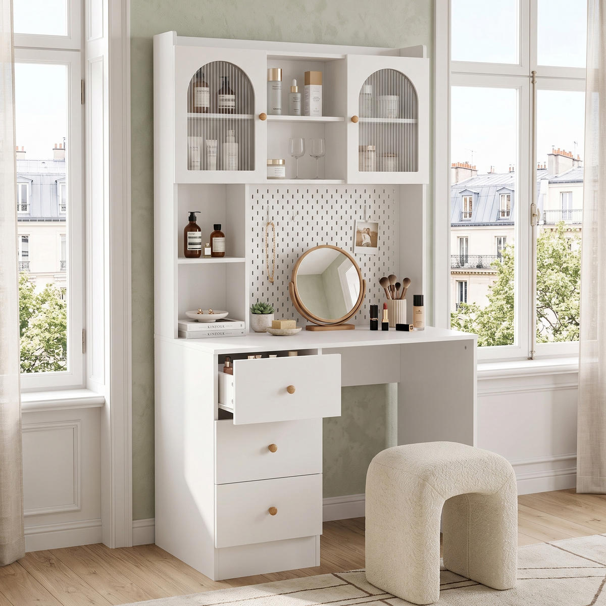 SCHREIBTISCH Weiß Multifunktional mit Schrank Pinnwand Vitrine & 3 Schubladen - Weiß, Holzwerkstoff (100/180/55cm) - Urban Meuble
