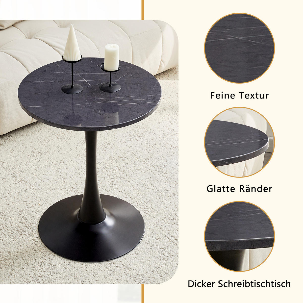 BEISTELLTISCH 60/60/72 cm Schwarz in Marmor-Optik aus MDF mit Metallfuß - Schwarz, Holzwerkstoff (60/60/72cm) - OKWISH