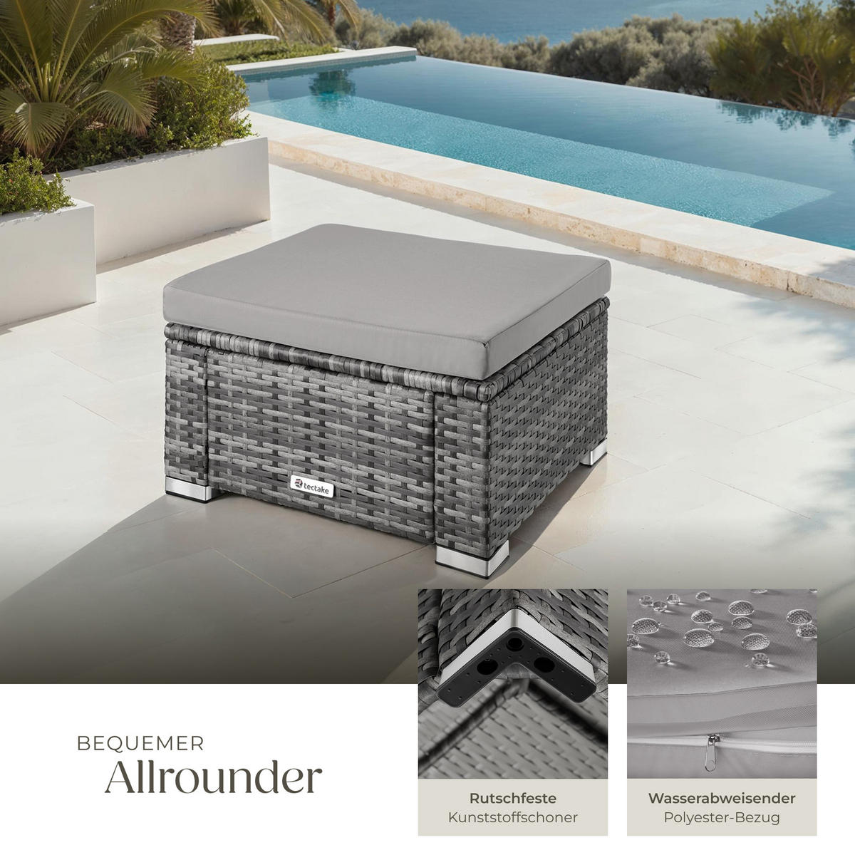 RATTAN-SITZHOCKER Bitonto,53 x 53 x 26 cm, grau - Grau, Kunststoff (53/26/53cm) - tectake