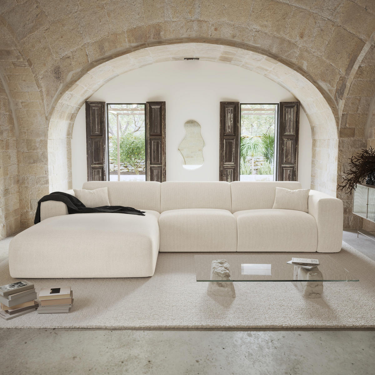 ECKSOFA LINKS SCHLAFSOFA Gerippter Samt Creme 280cm - Creme, Textil (165/280cm) - Sia Home