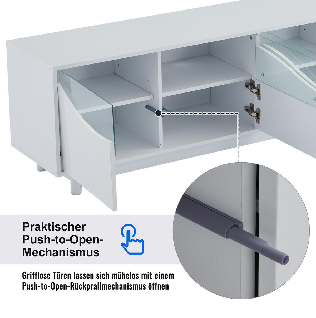 TV skrinka 175/38/51 cm biela s LED osvetlením a bezúchytkovými dvierkami z MDF a tvrdeného skla - biela, kompozitné drevo (175/51/38cm) - OKWISH