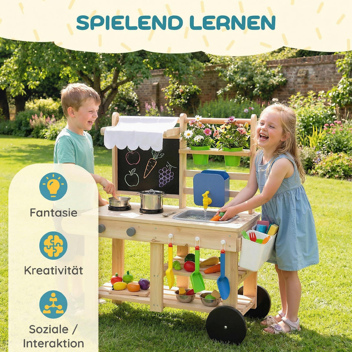 OUTDOOR-KINDER-MATSCHKÜCHE Tannenholz Edelstahl Naturholz - Naturfarben, Holz (34.4/84.2cm) - AIYAPLAY