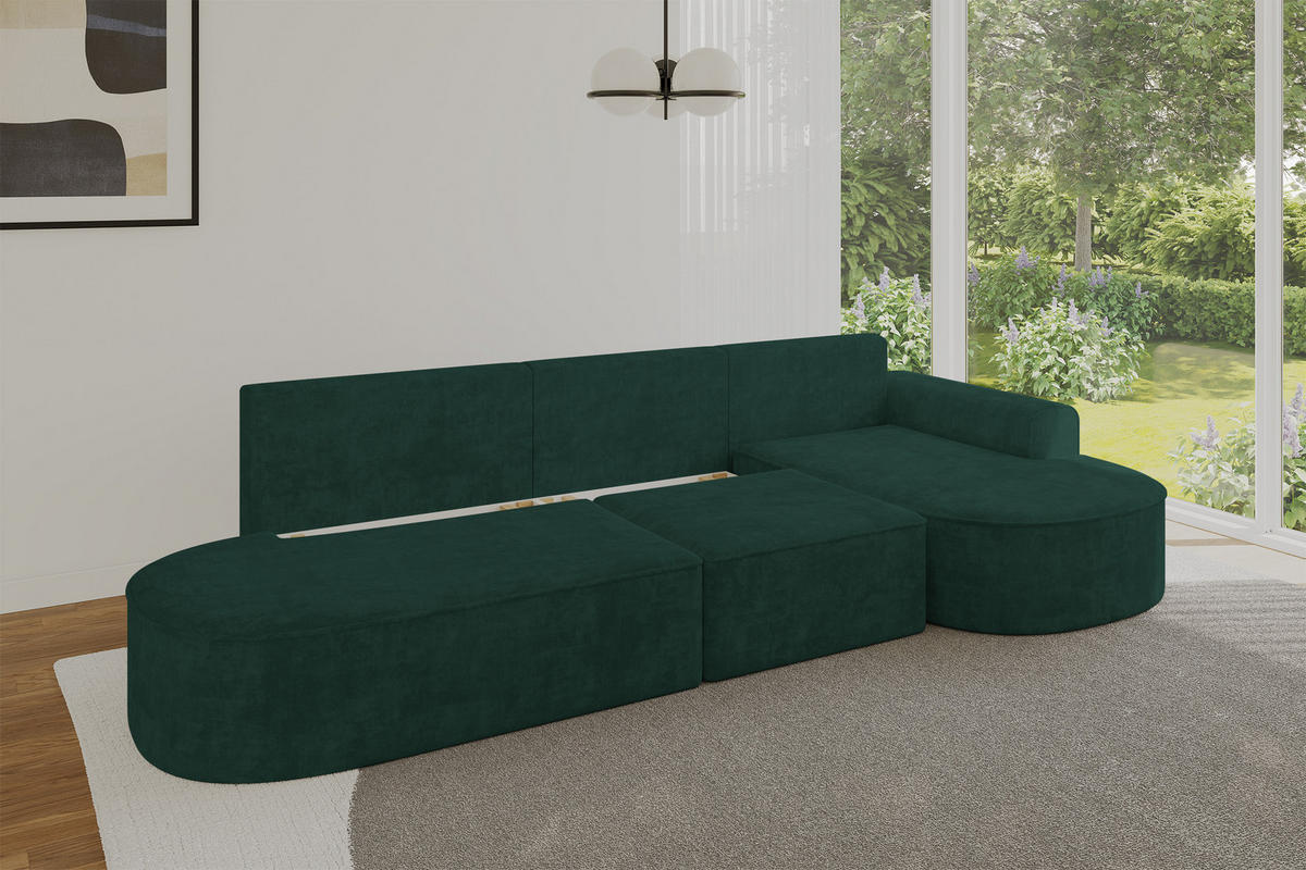 ECKSOFA mit Schlaffunktion Ottomane RECHTS MARI L2-S 368X167X85 Grün Velours - Waldgrün/Schwarz, Holzwerkstoff/Kunststoff (167/368cm) - ALTDECOR