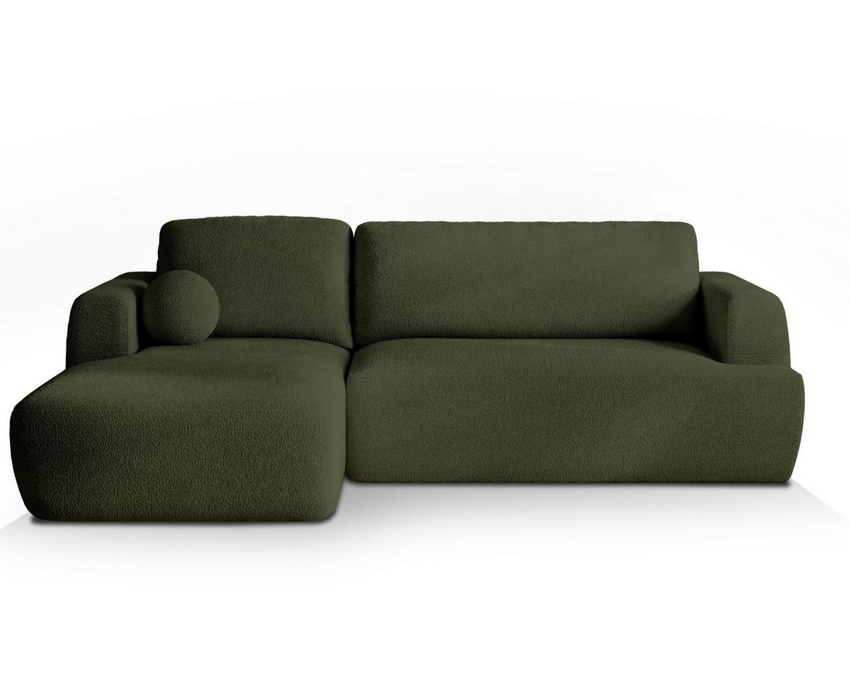 ECKSOFA SENTI N L-S Grün Boucle-Stoff mit Schlaffunktion - Grün, Holz (246/148cm) - MASSENO