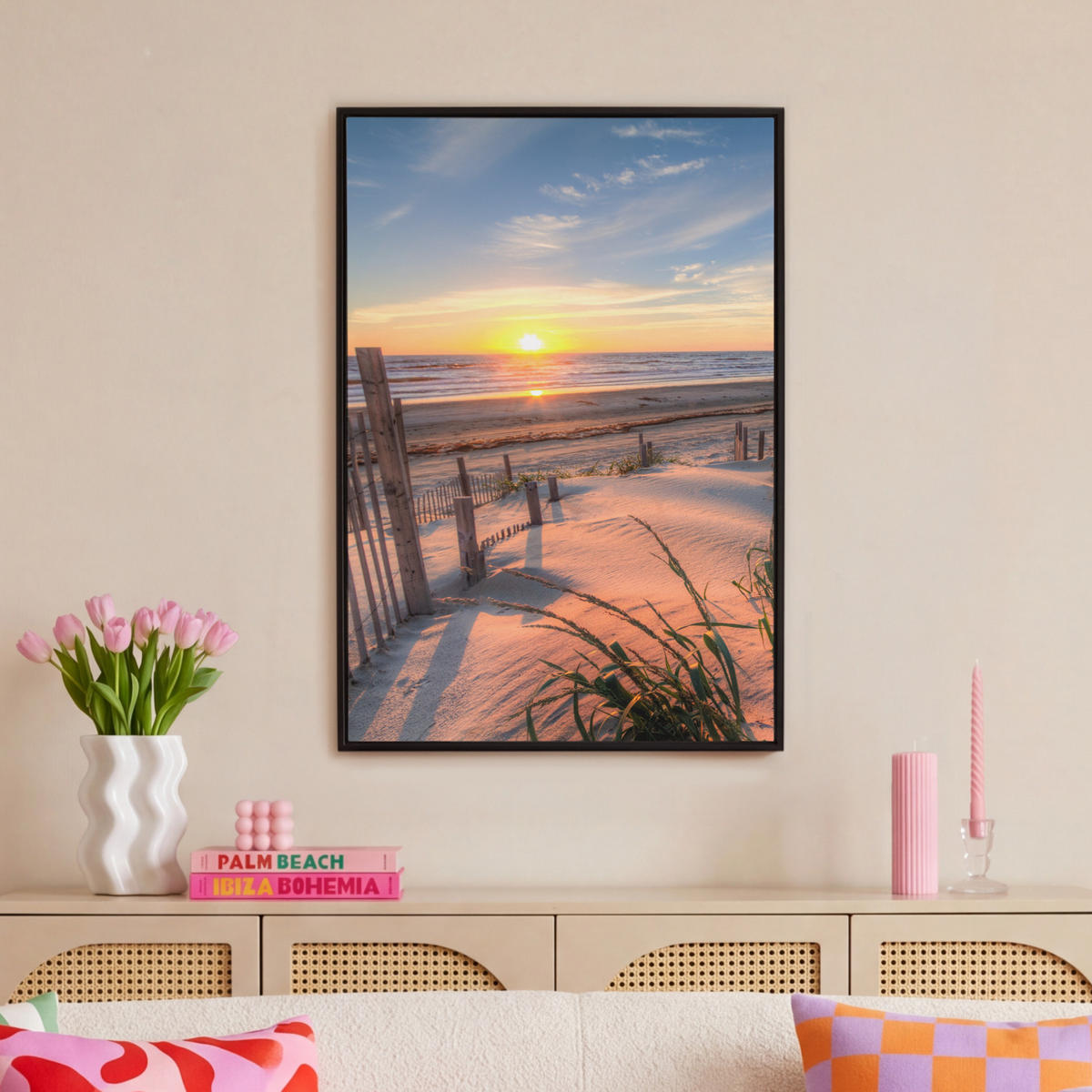 LEINWAND Bilder mit Rahmen - Strand - Meer - Düne - Sonnenuntergang - Landschaft - 60x90 - Beige, Textil (60/90cm) - MuchoWow