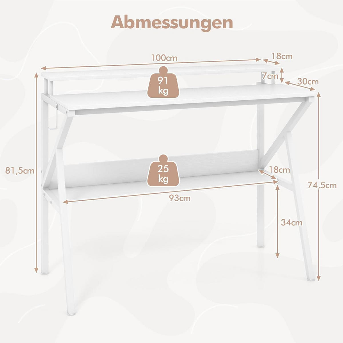 DATORBORD vitt - Vit, Träbaserade material (48/100/81.5cm) - COSTWAY