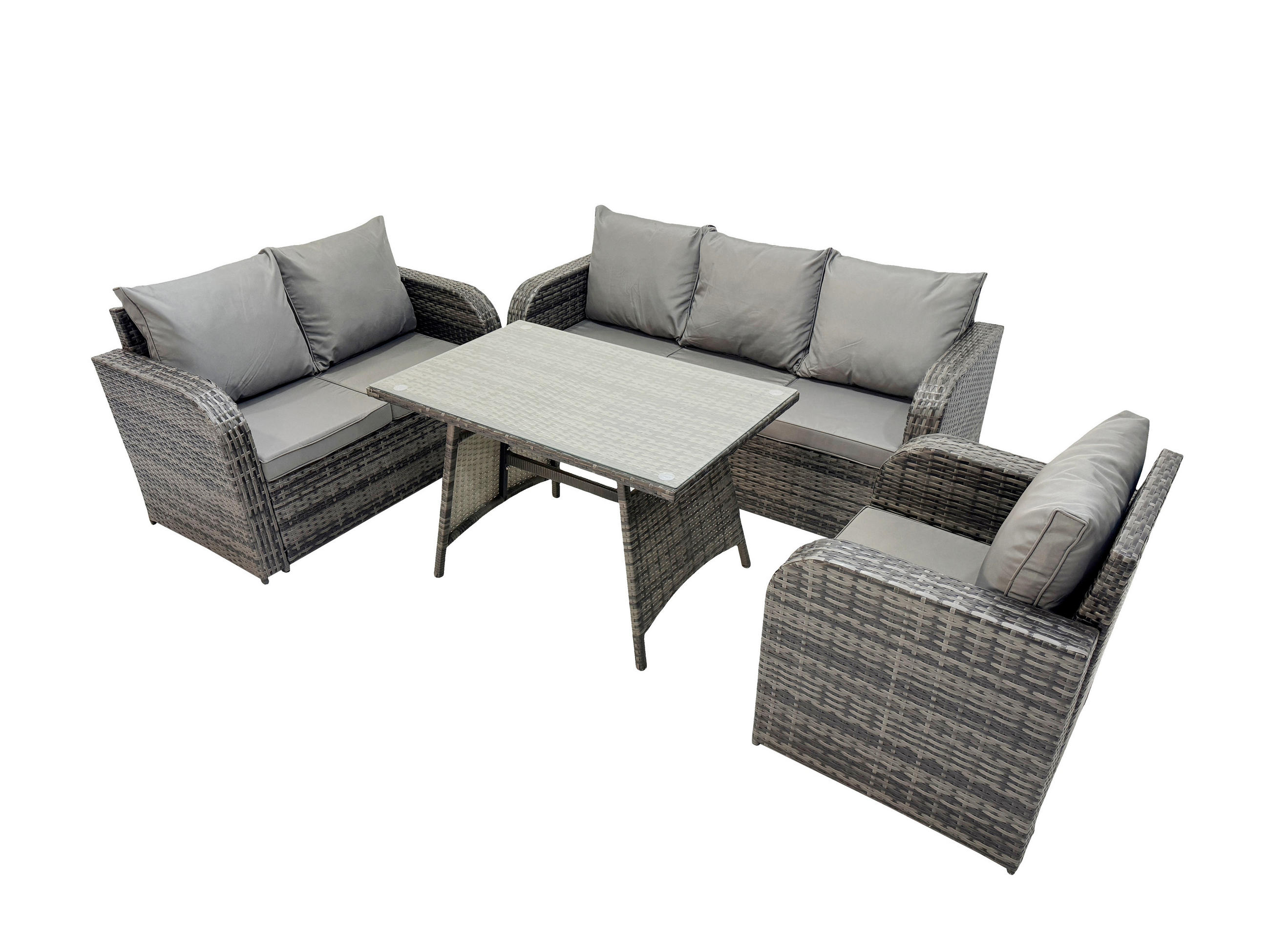 GARTENMÖBEL SET Polyrattan Dunkelgrau 6-Sitzer - Dunkelgrau/Grau, Glas/Kunststoff - Fimous