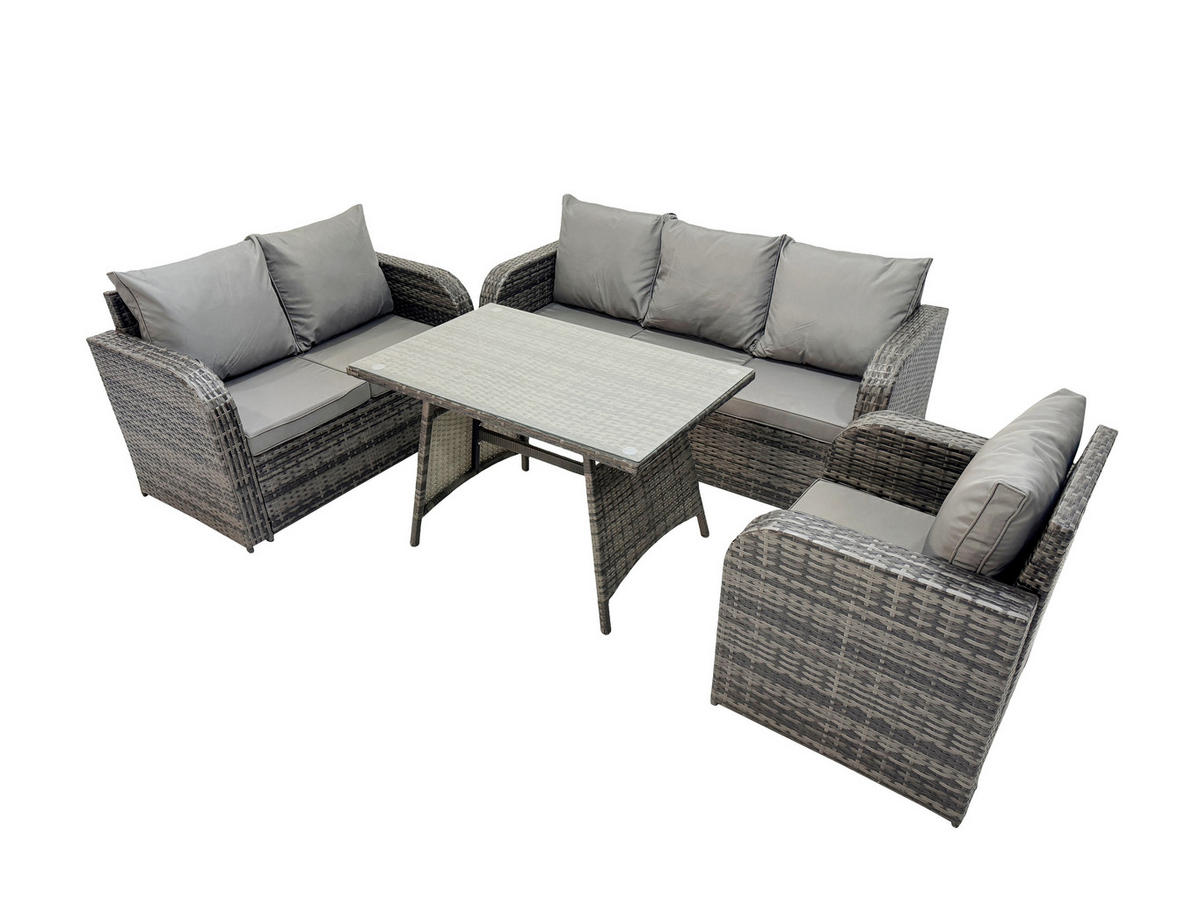 GARTENMÖBEL SET Polyrattan Dunkelgrau 6-Sitzer - Dunkelgrau/Grau, Glas/Kunststoff - Fimous