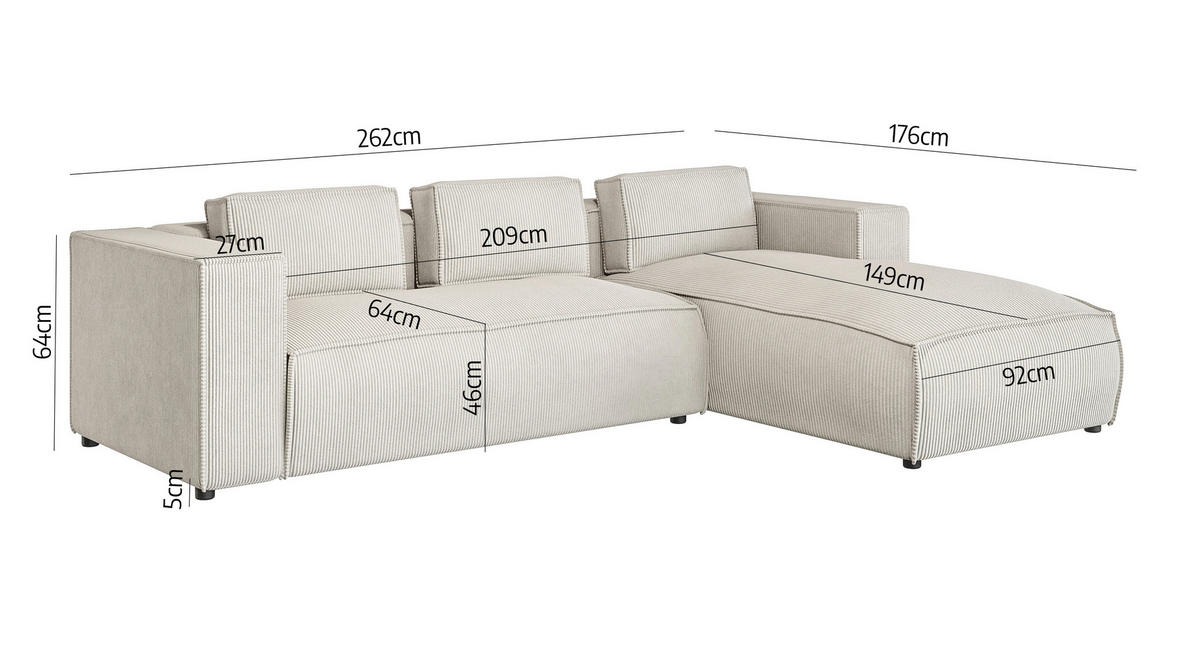 ECKSOFA Nova Beige Cord, Ottomane rechts - Beige/Schwarz, Holz/Kunststoff (262/176cm) - S-Style Möbel
