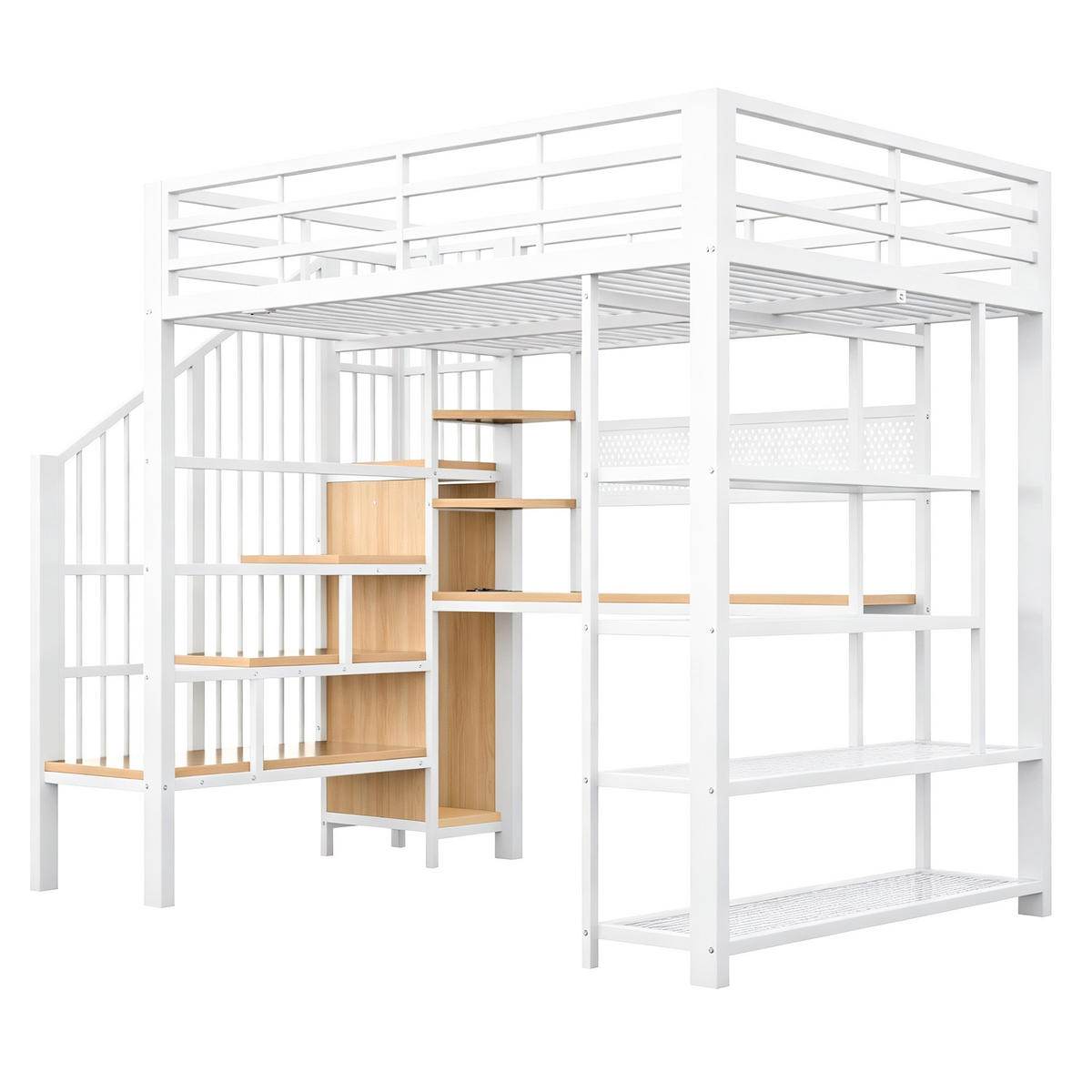 HOCHBETT 140/200 cm in Weiß mit Treppe, Stauraum, Regal, LED und Steckdosen - Weiß, Holzwerkstoff/Metall (140/200cm) - STILVORA