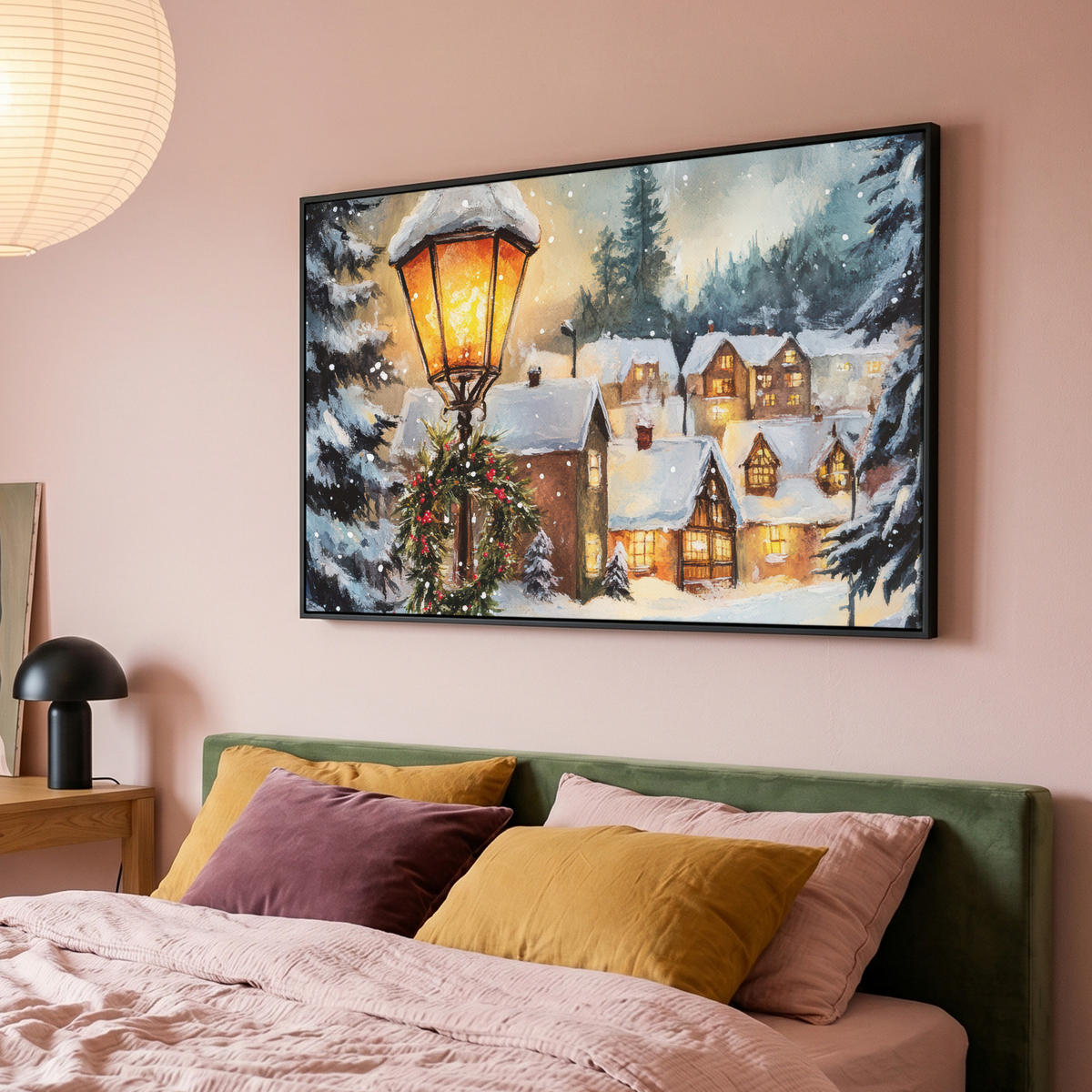 LEINWAND Bilder mit Rahmen - Weihnachtsdorf - Häuser - Schnee - Weihnachten - 150x100 - Sandfarben, Textil (150/100cm) - MuchoWow