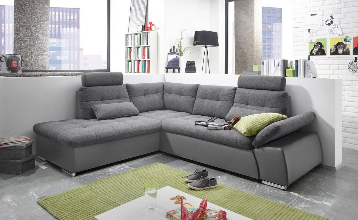 ECKSOFA mit Schlaffunktion, Armlehnfunktion und Kopfstützen - Chromfarben/Anthrazit, Textil (219/219cm) - ed exciting design