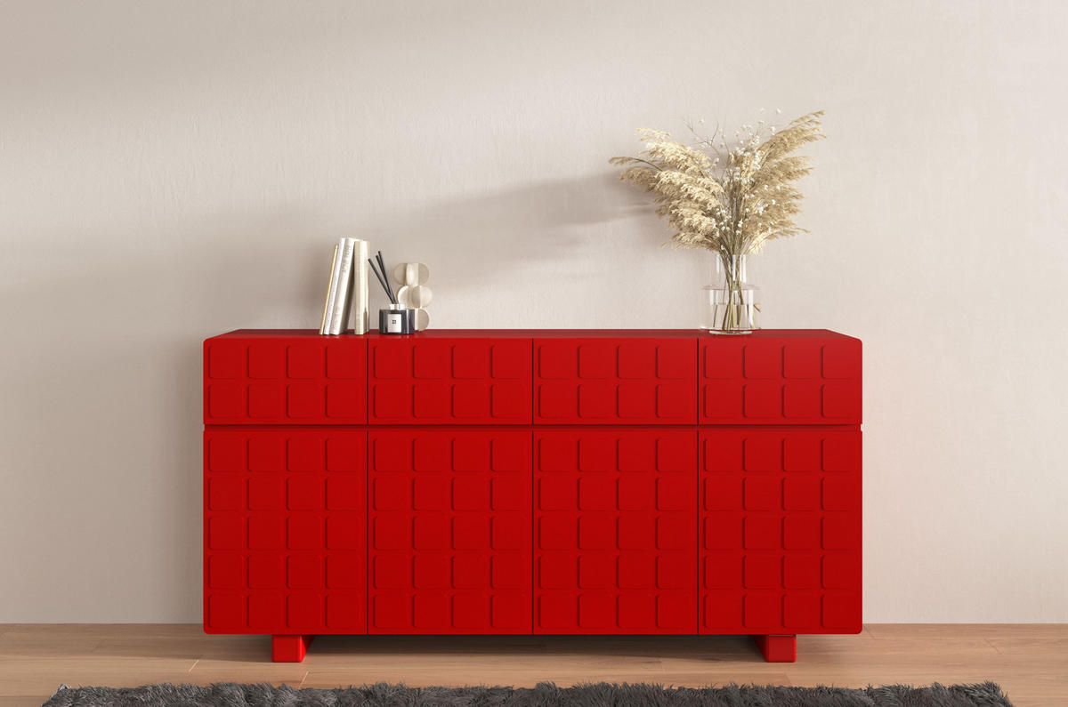 SIDEBOARD Cubo Long, Geometrische 3D Fronten, 169 cm, Rot - Rot, Holz/Holzwerkstoff (168.9/83.8/41.8cm) - Skandica