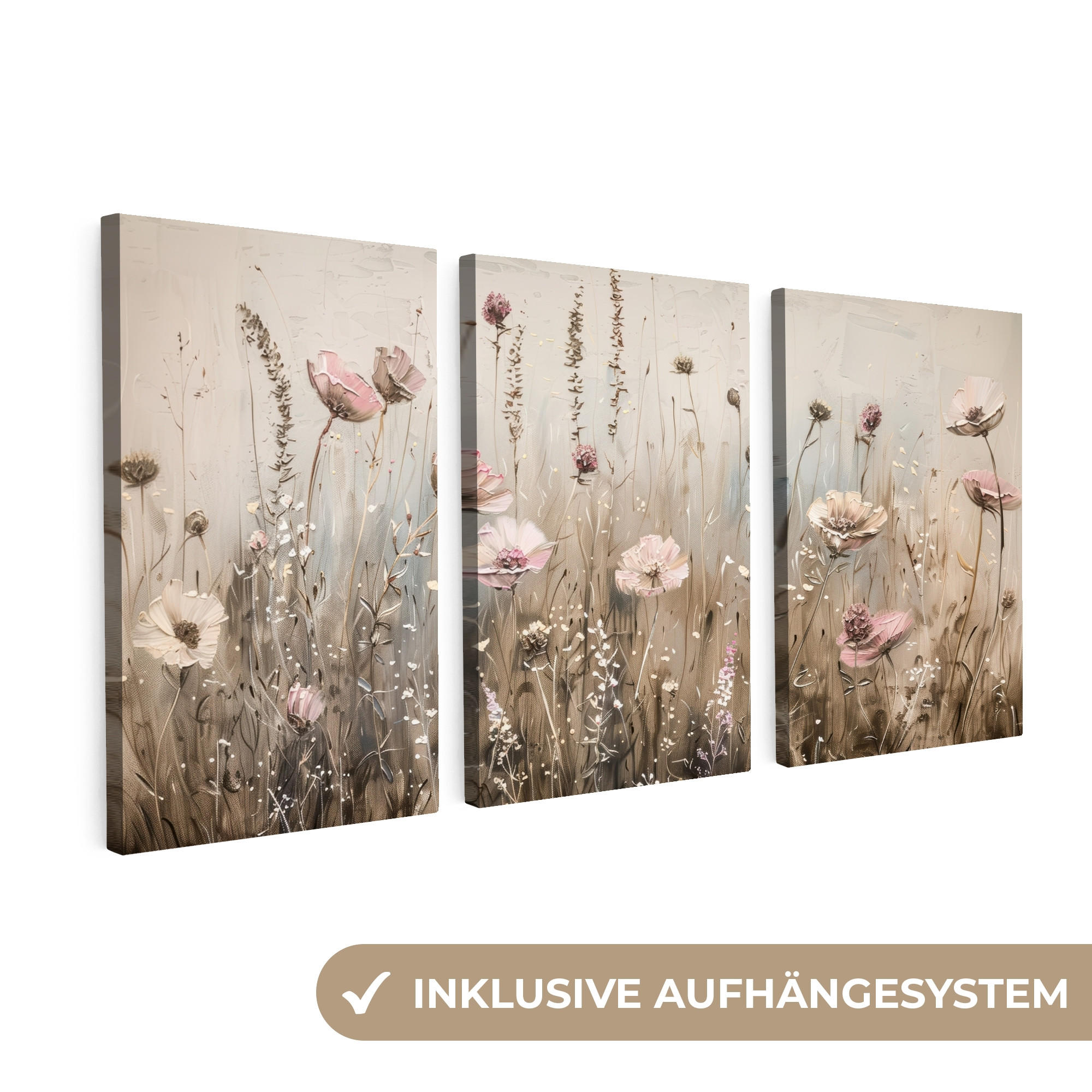 LEINWANDBILD 3er Set Blumen - Beige - Modern - Rosa 240x120 cm - Ecru, Textil (240/120cm) - MuchoWow