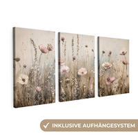 LEINWANDBILD 3er Set Blumen - Beige - Modern - Rosa 120x60 cm - Ecru, Textil (120/60cm) - MuchoWow