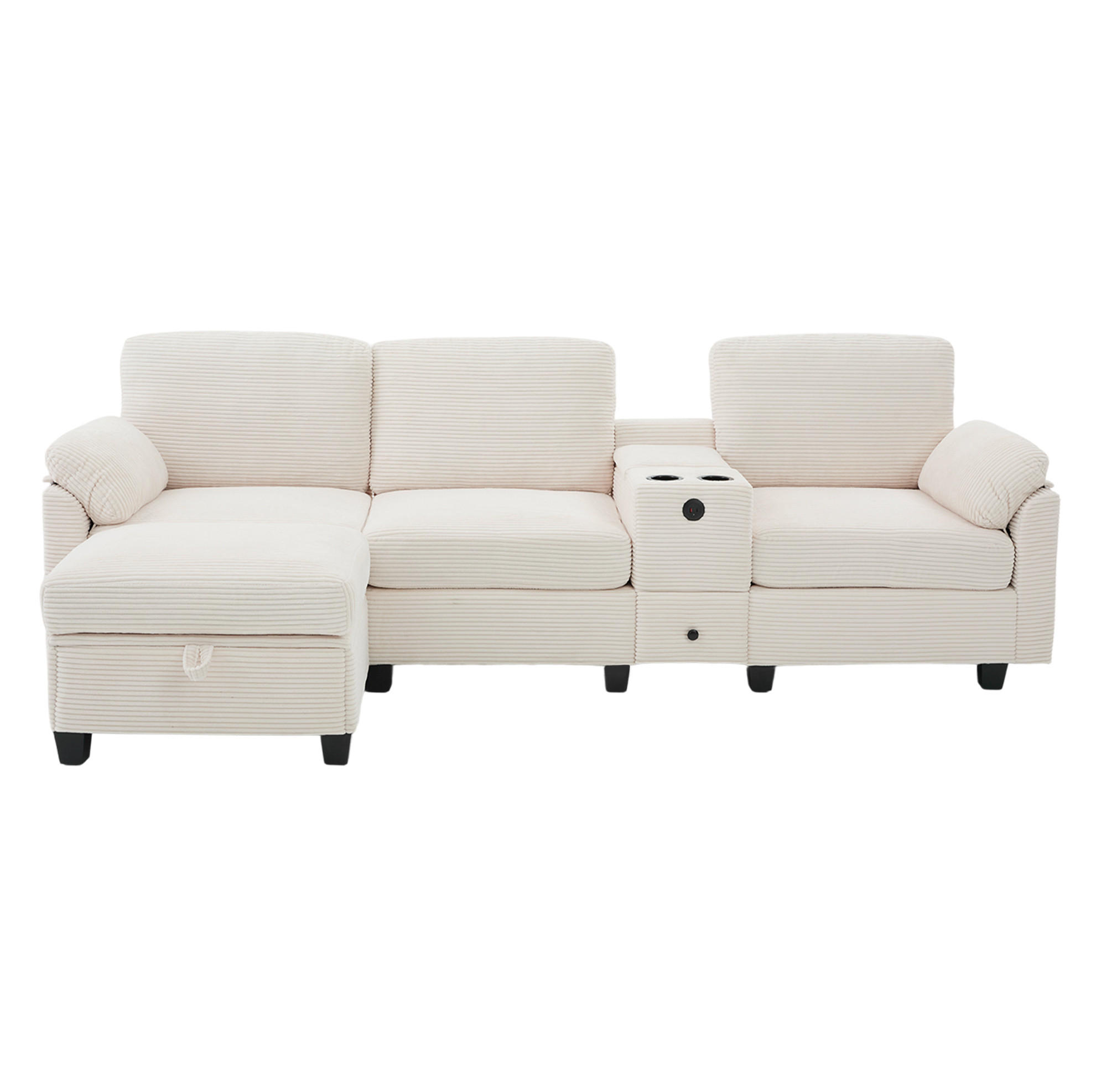 ECKSOFA L-Form mit verschiebbarer Mittelkonsole & USB-C-Anschluss Beige 266/136/82 cm - Beige, Textil (266/136cm) - OKWISH