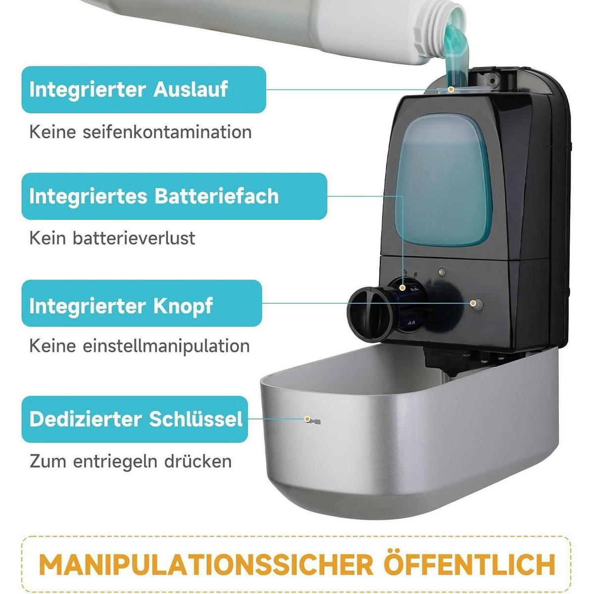 SEIFENSPENDER Wandmontiert 1000 ml Silber Manipulationssicher - Silberfarben, Kunststoff (14.9/11.2/25.7cm)