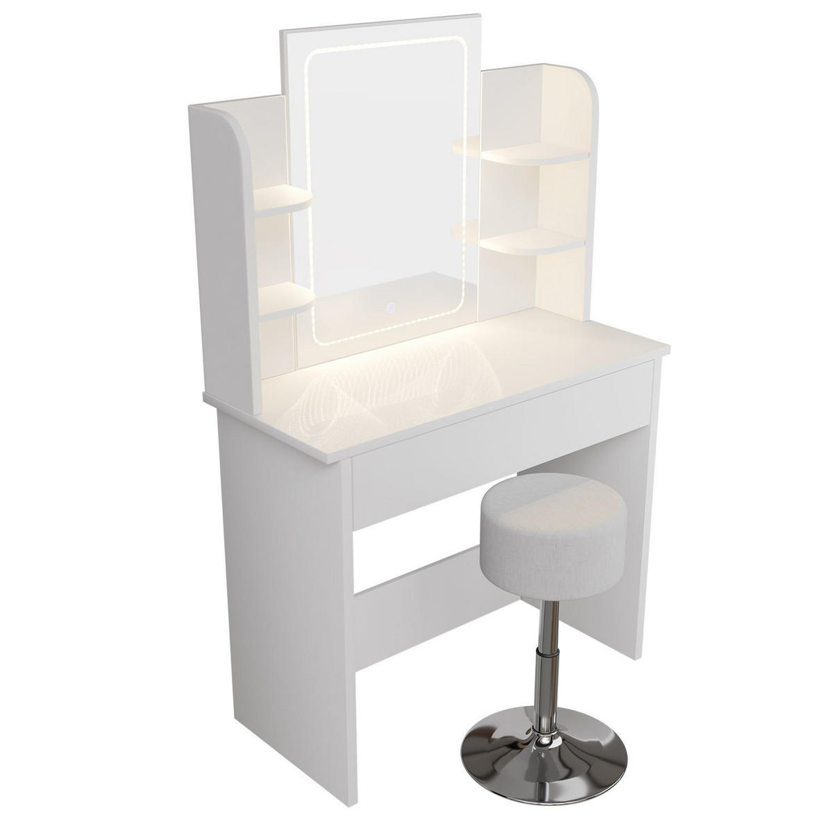SCHMINKTISCH Zoey LED-Spiegel & Hocker Tonia - Weiß, Holz (40/140/90cm) - Juskys