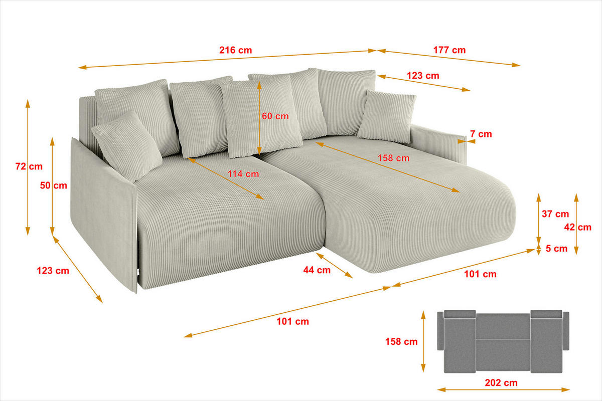 ECKSOFA Ottomane rechts ONESK-L -v1 216x177x72 Hellgrau Cord - Ecru, Holzwerkstoff/Kunststoff (177/216cm) - ALTDECOR