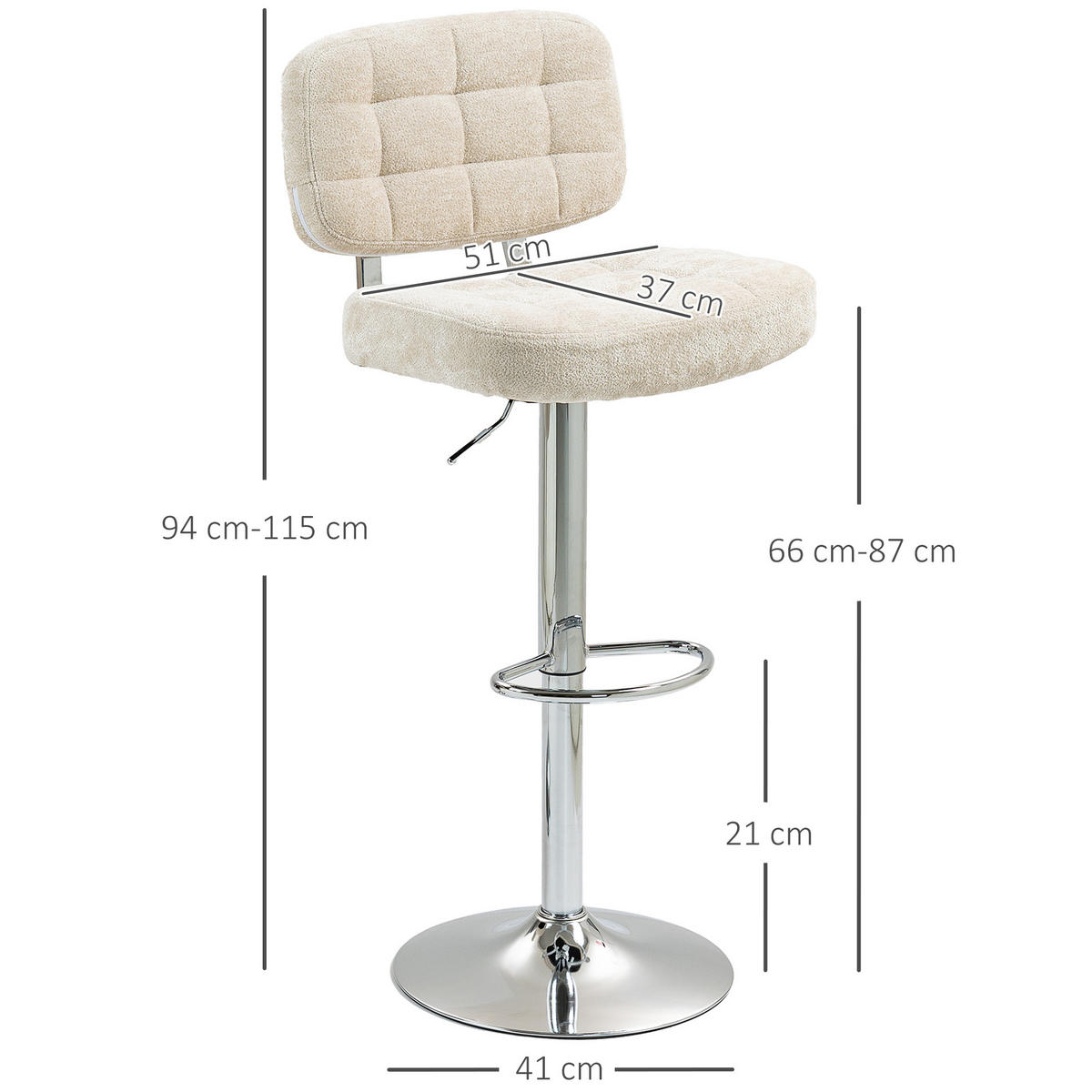 BARHOCKER 2er-Set DE-14756 höhenverstellbar mit Boucle-Stoff & Fußstütze Beige - Beige, Metall (45/115/51cm) - ComfortXL