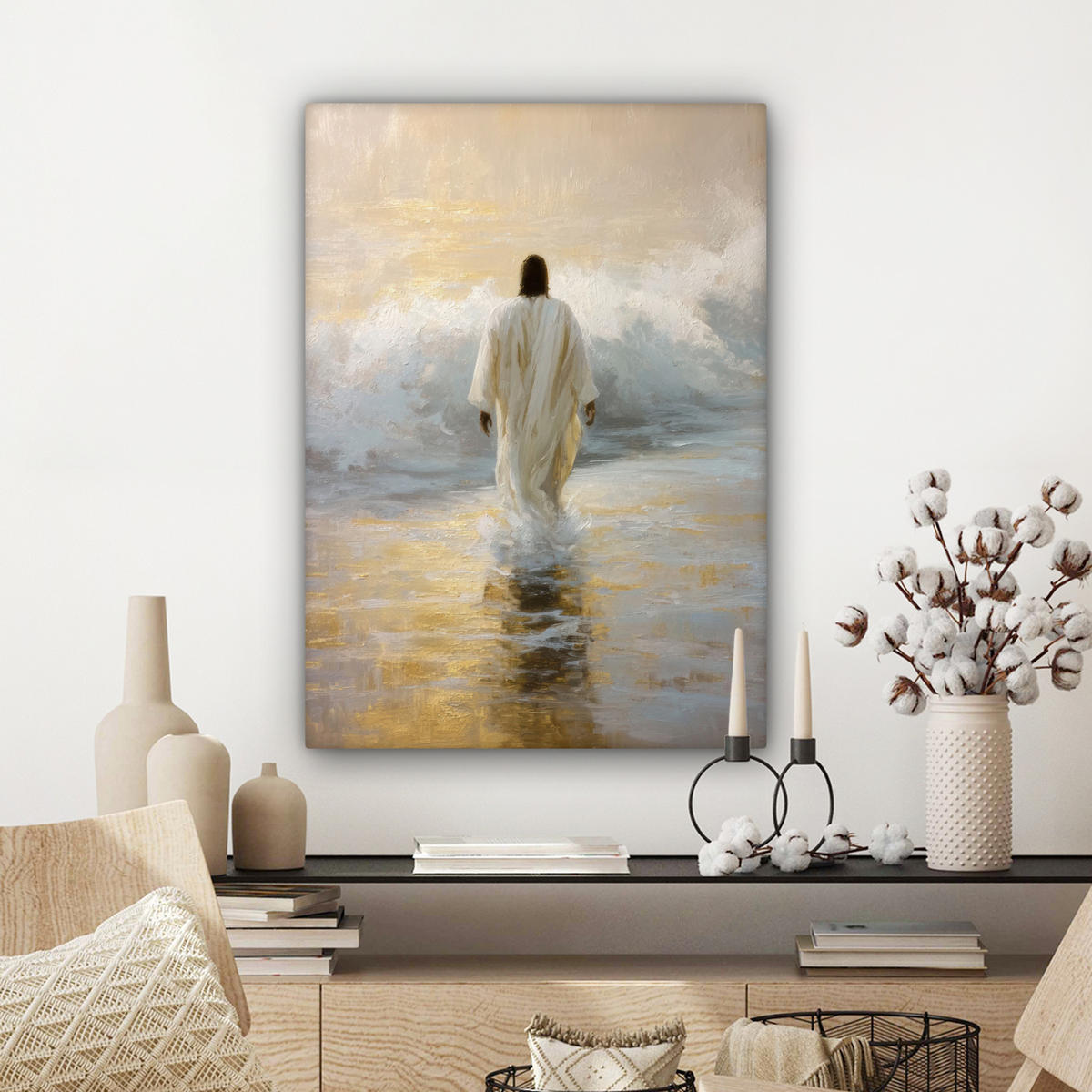 LEINWANDBILD Gemälde - Welle - Jesus - Abstrakt Wandbild Wohnzimmer 60x80 cm - Goldfarben, Textil (60/80cm) - MuchoWow