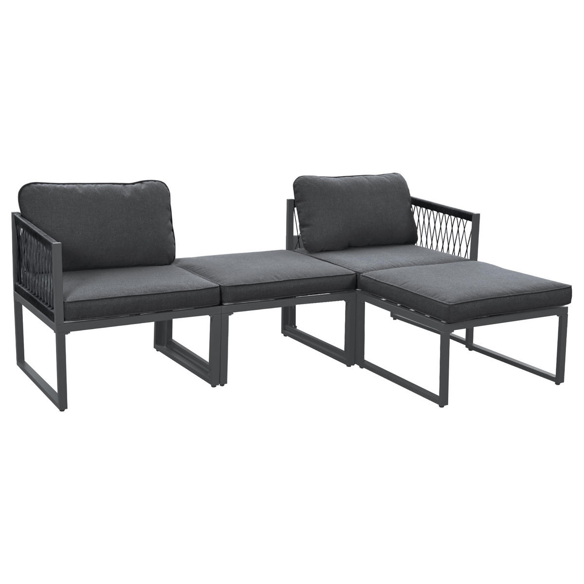 MIT 2 Sofas, 2 Fußhocker Gartenmöbel Set Garten-Sofagarnitur - Grau, Textil/Metall - STILVORA