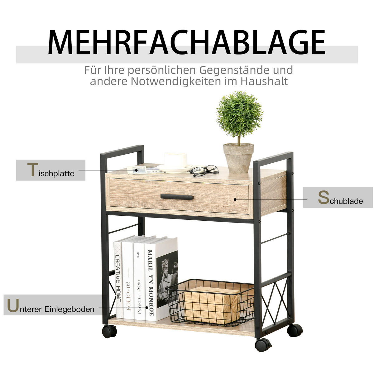 BEISTELLTISCH Servierwagen mit Schublade Ablage Küchenwagen Sideboard Natur - Eichefarben, Kunststoff (60/30/65cm) - HOMCOM