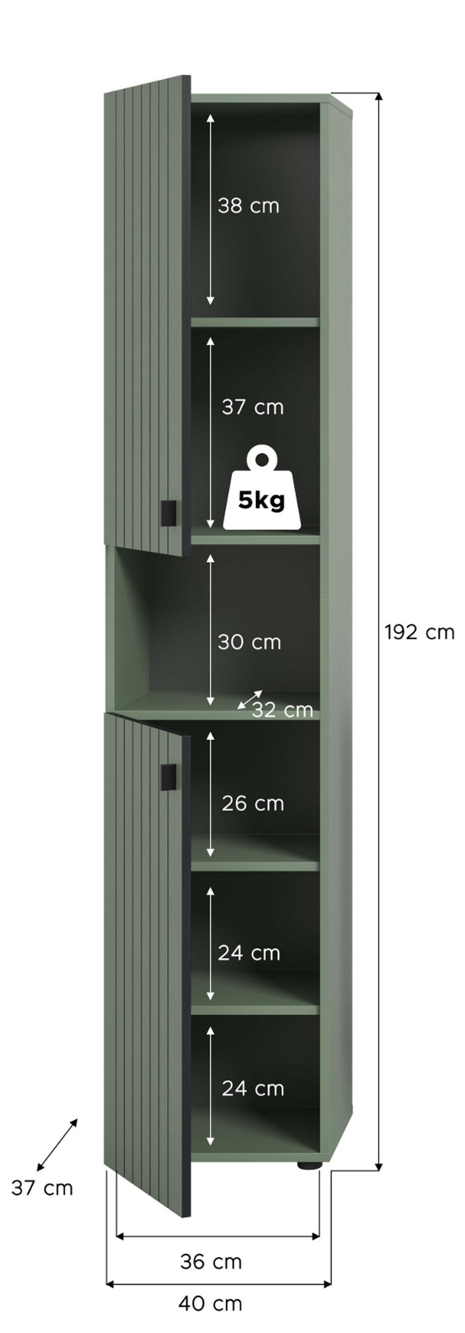 SCHUHSCHRANK grün, Flurschrank 40 x 192 cm, Türanschlag wechselbar - Schwarz/Grün, Holzwerkstoff/Kunststoff (40/192/37cm) - Inn.Furn