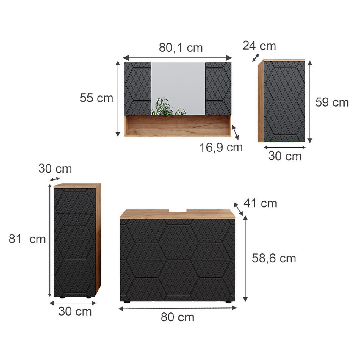BADMÖBEL-SET Irma Anthrazit gestreift 4 Teile - Honigeiche/Anthrazit, Holzwerkstoff (80/58.6/41cm) - Vicco