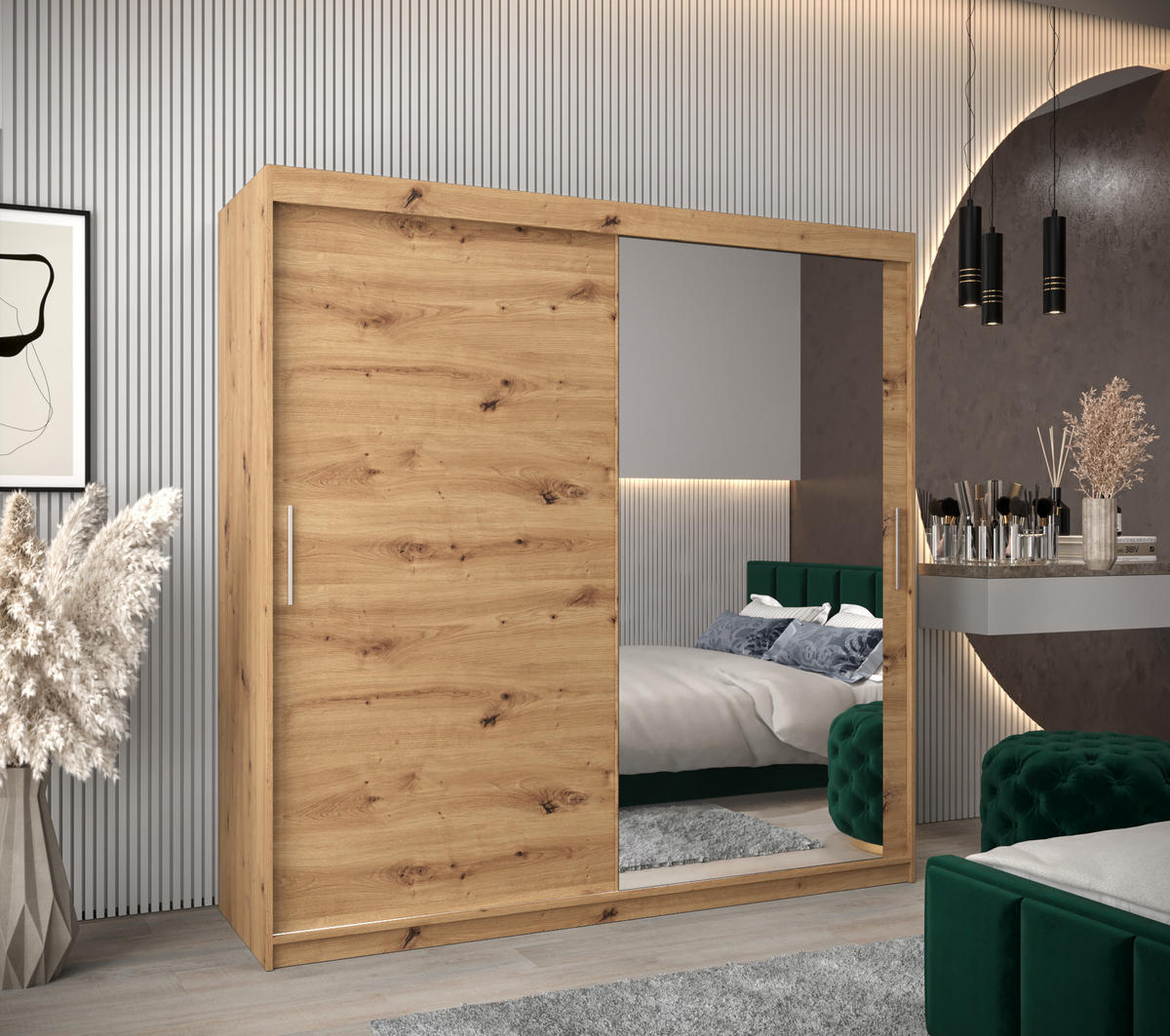 SCHWEBETÜRENSCHRANK 200/200/62 2-türig - Silberfarben/Eiche Artisan, Holz/Kunststoff (200/200/62cm) - Abiks Möbel