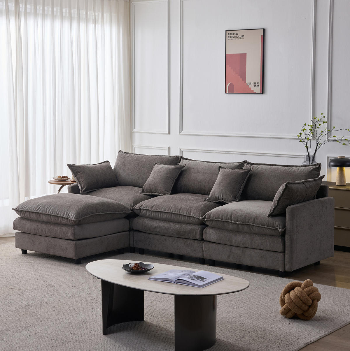 ECKSOFA 267/154/85 cm Grau aus Chenille mit modularer Ottomane - Grau, Textil (154/267cm) - OKWISH