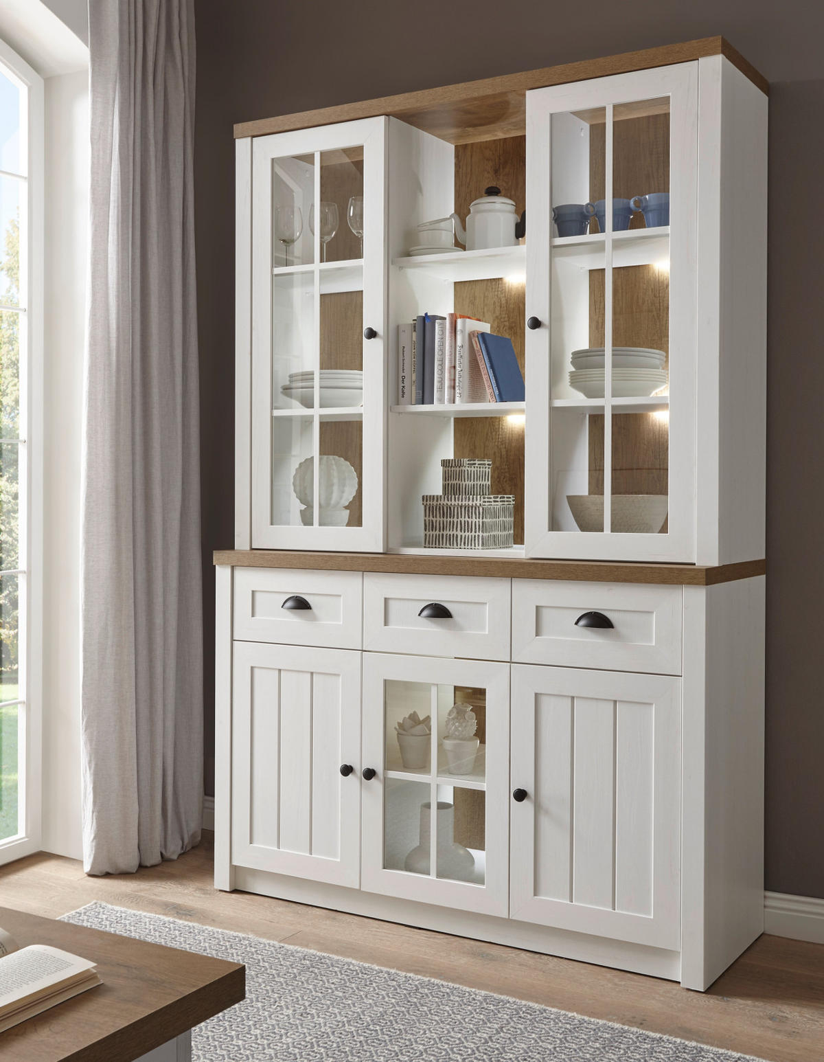 BUFFETSCHRANK weiß Pinie, Eiche hell Landhaus, Buffet 130 x 198 cm - Eichefarben/Schwarz, Holzwerkstoff/Metall (130/198/43cm) - Furn.Design