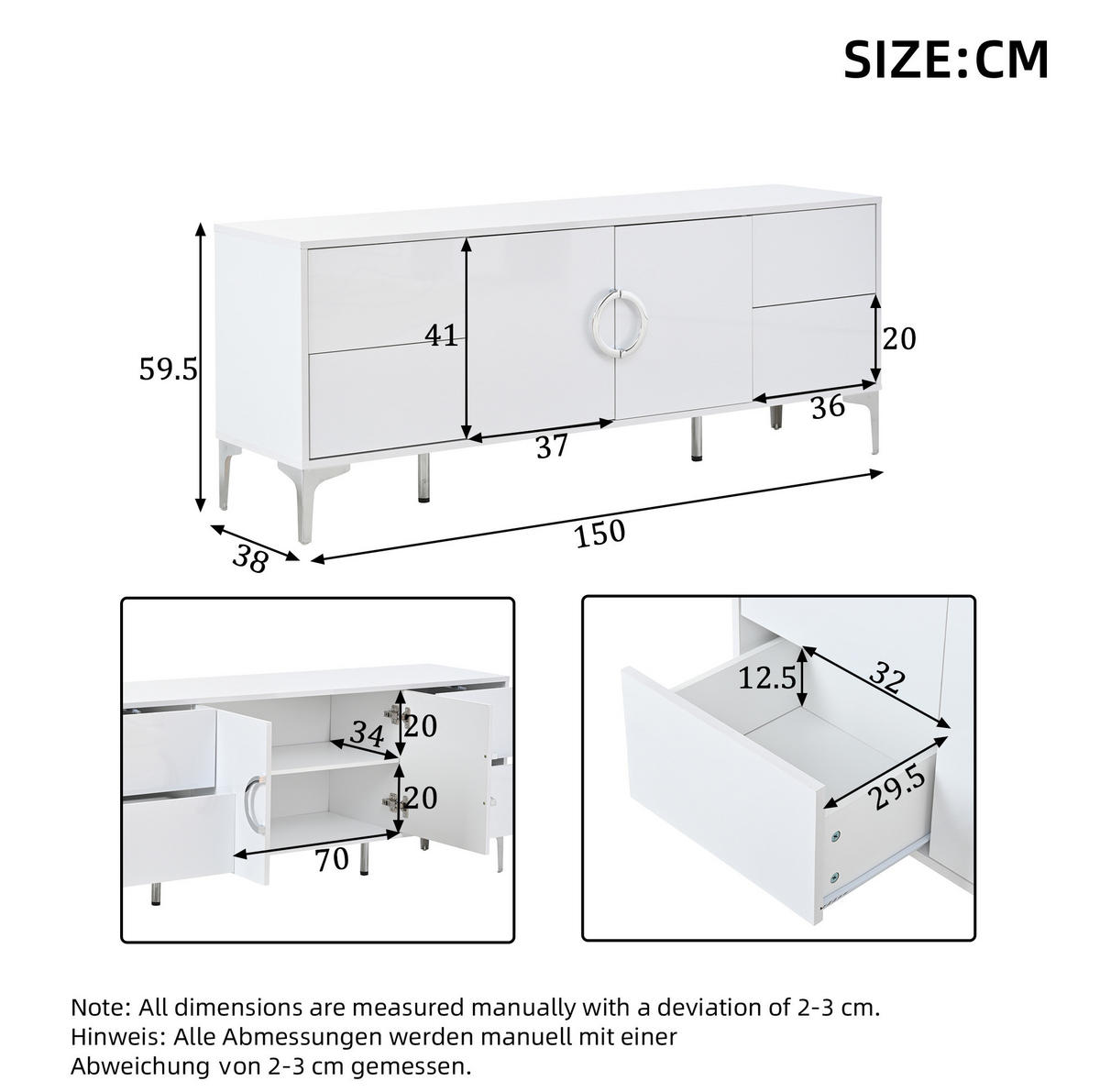 SIDEBOARD 150/38/59.5 cm Weiß aus MDF Hochglanz - Weiß, Holzwerkstoff (38/59.5/150cm) - OKMYHOME