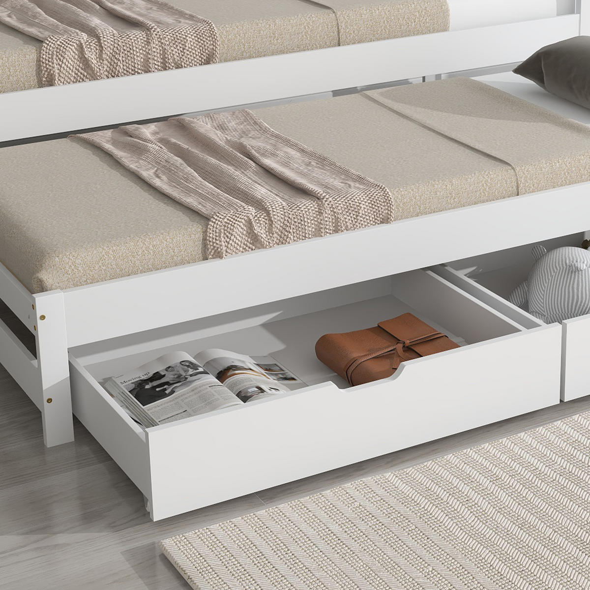 POLSTERBETT 200/90 cm Weiß mit ausziehbarem Rollbett und 2 Schubladen aus Kiefernholz - Weiß, Holzwerkstoff (90/200cm) - OKWISH